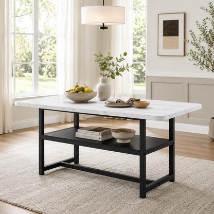 Dining Table for 6, 71" Rectangle Kitchen Table with Storage Shelf, Dinner Table Full White Faux Marble Top & Black Metal Frame for Dining Room Home Office – White
