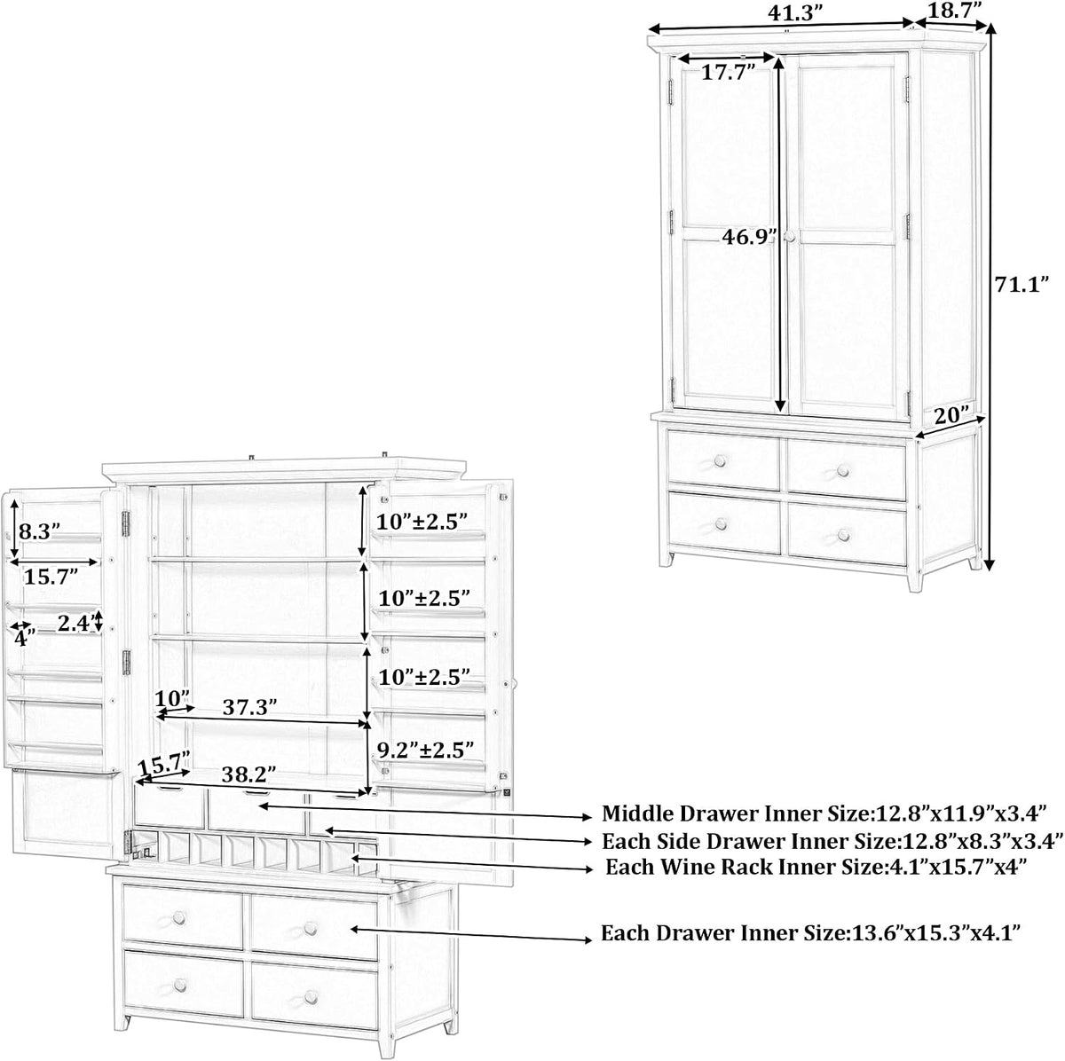 71.1 Inch Tall Kitchen Pantry Cabinet with 8 Door Shelves and 3 Adjustable Shelves, Large Kitchen Pantry with 7 Drawers and 8 Wine Racks, for Kitchen, Living Room, Blue