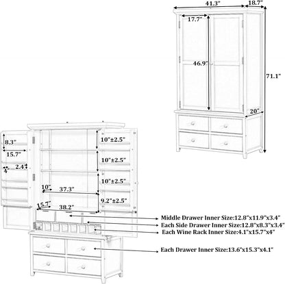 71.1 Inch Tall Kitchen Pantry Cabinet with 8 Door Shelves and 3 Adjustable Shelves, Large Kitchen Pantry with 7 Drawers and 8 Wine Racks, for Kitchen, Living Room, Blue