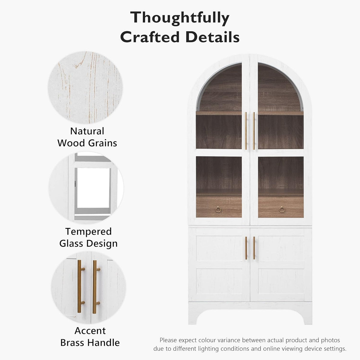 roomfitters 71" Pantry Cabinet with Arched Top & Glass Doors, 4-Door Storage Hutch with Adjustable Shelves for Kitchen, White