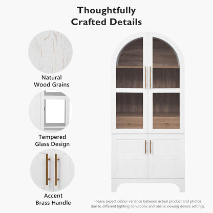 roomfitters 71" Pantry Cabinet with Arched Top & Glass Doors, 4-Door Storage Hutch with Adjustable Shelves for Kitchen, White