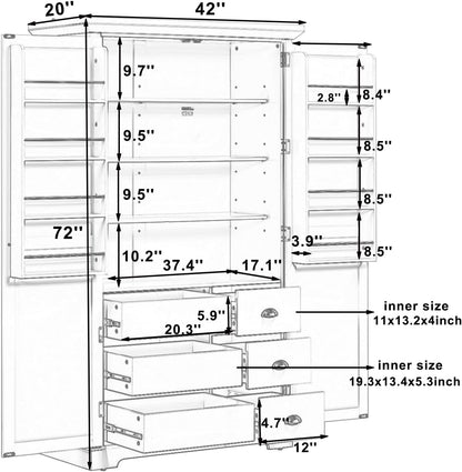 LUMISOL Kitchen Pantry with Drawers, 72" Tall Freestanding Cupboard Storage Cabinets with Door Shelves & Pull-Out Trays, Dining Storage Cabinet Cupboard with Adjustable Shelves, for Dining Room, Blue