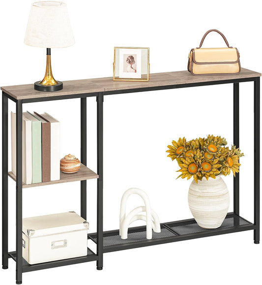 HOOBRO Narrow Console Table, Sofa Table, 44.9" Skinny Entryway Table | Long Behind Couch Table with Storage Shelves, for Living Room, Foyer, Hallway, Greige and Black BG86XG01