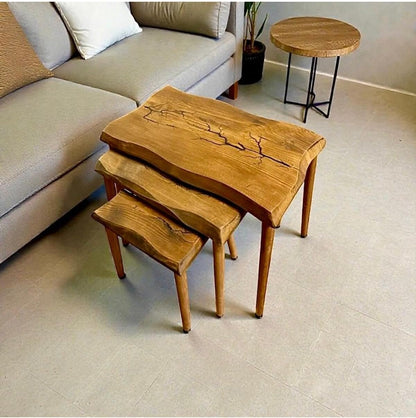 SODEF Handmade Walnut Wood Side Table Set, 3-Piece Nesting Tables, Wood Grain, Retro Style, Largest Table 24.4 x 13.4 x 21.7 inches, Unique Irregular Design - Brown