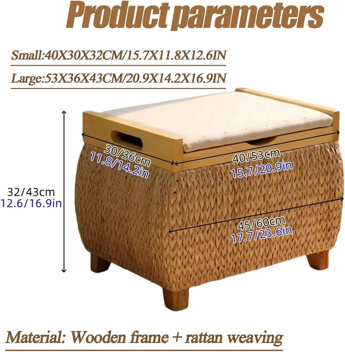 Ottoman with Storage Rattan Woven ，Bench with Padded Seat End of The Bed Entry Bench Footrest Stool for Hallway Living Room(Primary color1,40cm/15.7in)