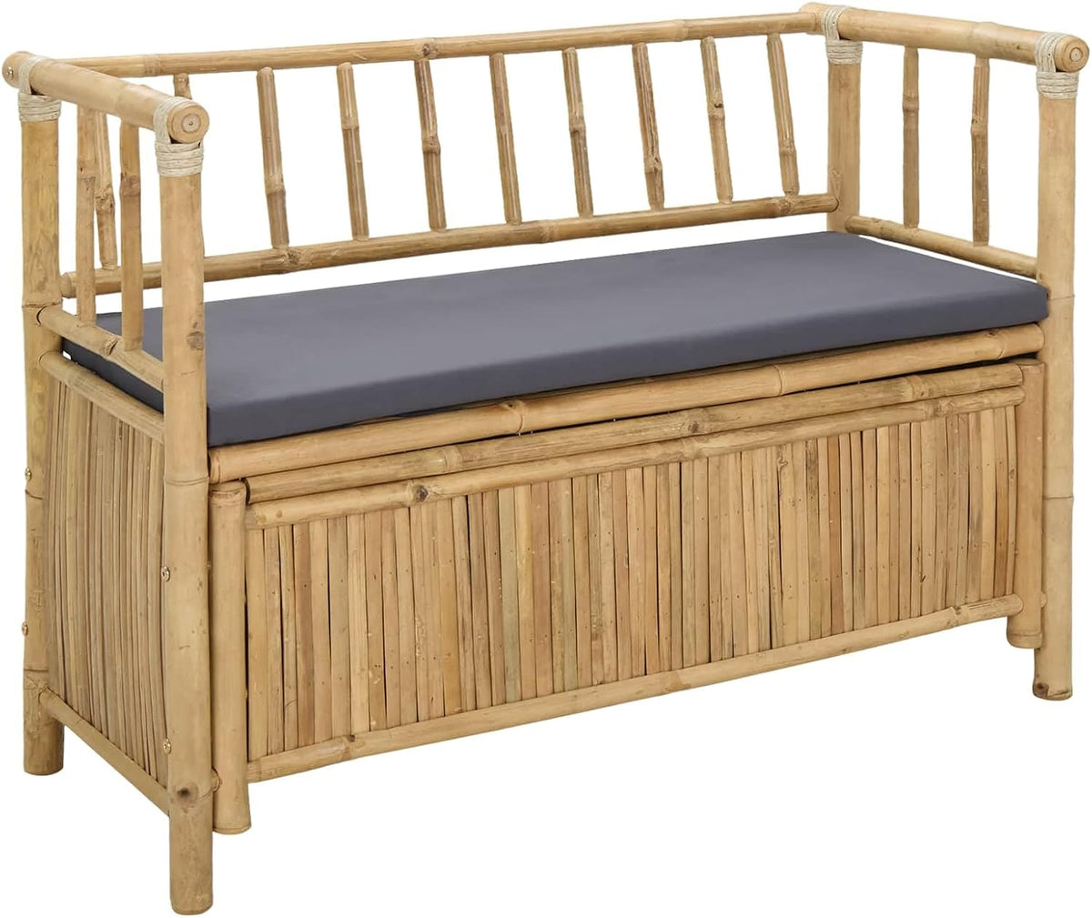 Bamboo Garden Storage Bench 110 x 47 x 80 cm, Outdoor Seat with Hidden Compartment, Natural Finish Post Leg Design for Patio or Indoor Use