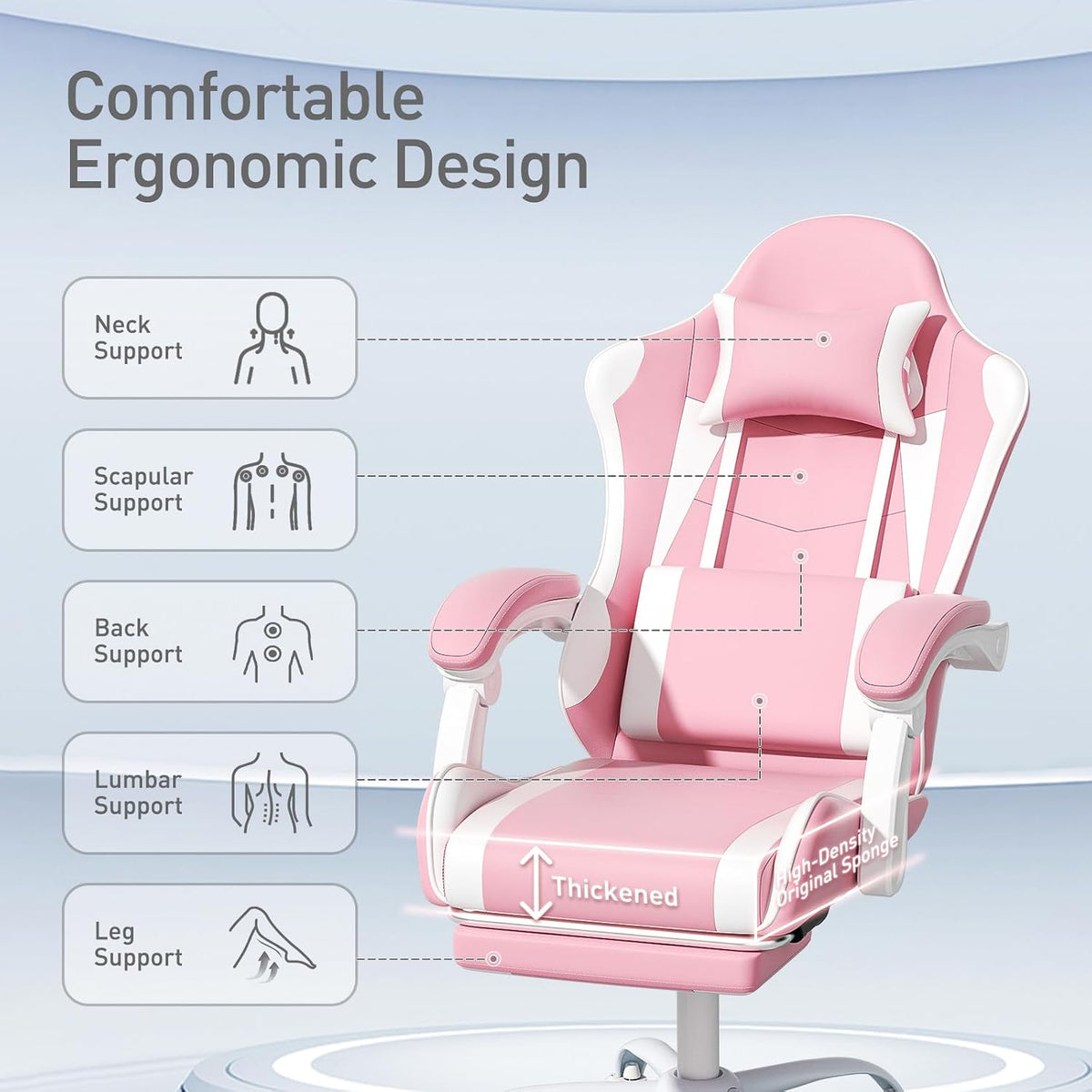 MoNiBloom Gaming Chair, Footrest & Lumbar Support, Height Adjust, Pink | Headrest & Lumbar Support, Ergonomic Computer chair, for Girl women Adult Teen Office or Gaming,Swivel game chair