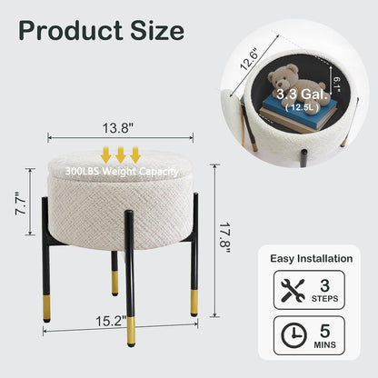 CAROLMADE Round Ottoman with Storage, Velvet Makeup Vanity Stool, Small Ottoman Foot Stool with Coffee Table and Metal Legs for Living Room, Bedroom and Dorm, Beige