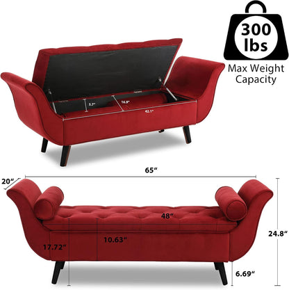 65" Storage Benches Velvet End of Bed Bench Storage Ottoman with Button-Tufted Large Upholstered Window Bench with Storage Shoe Cabinet Bench, for Bedroom, Entryway, Closet(Red)