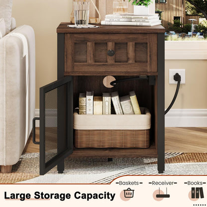 FATORRI End Table with Charging Station, Farmhouse Side Table with Drawer, Rustic Wood and Metal Nightstand and Bedside Tables for Living Room (Rustic Brown)