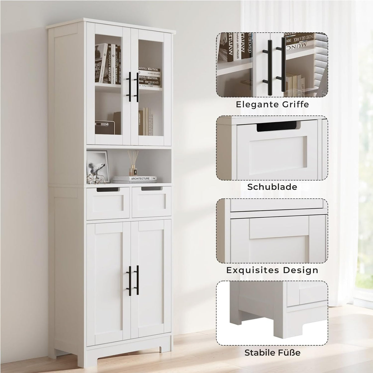 LEADZM Kitchen Cabinet Tall Cabinet with 4 Doors Buffet Cabinet for Kitchen Living Room Dining Room (4 Doors)