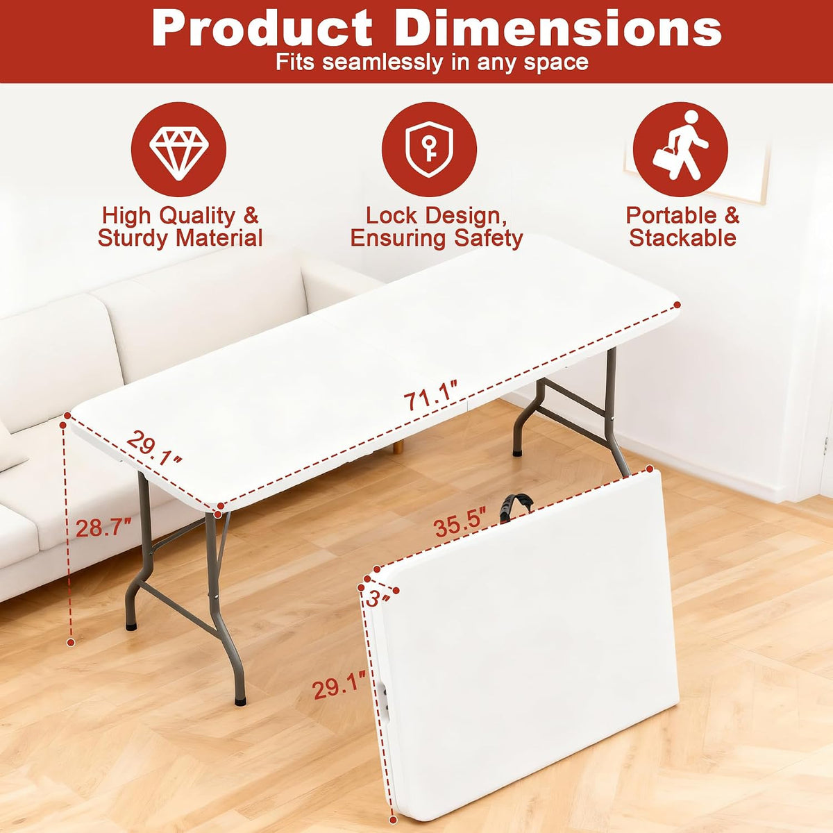 Elevon Folding Table, 6 Feet Heavy Duty Fold-in-Half Utility Table Indoor Outdoor for Camping, Picnic, Party