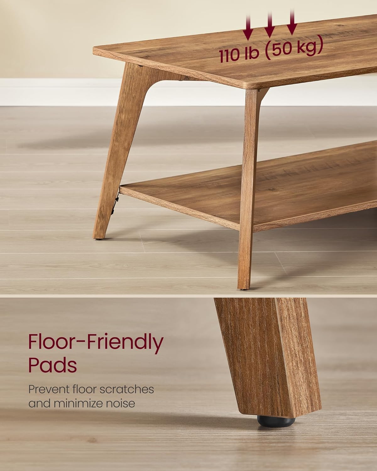 VASAGLE MAEZO Collection - Coffee Table, 2-Tier Center Table with Storage, Tapered Legs, Curved Transitions, 21.7 x 39.4 x 17.7 Inches, Easy to Assemble, for Living Room, Honey Brown ULCT249K01