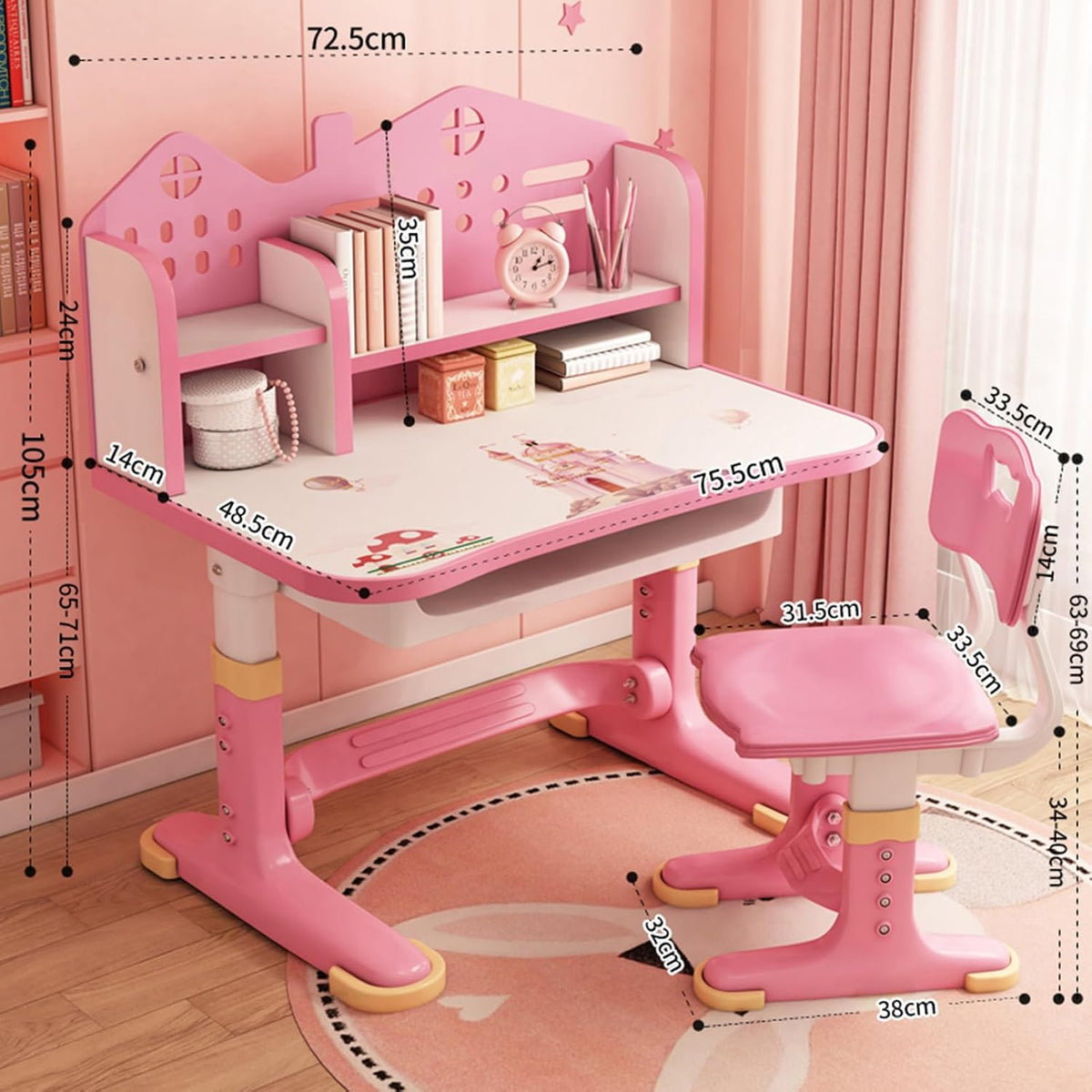 Kids Desk and Chair Set, Height Adjustable Kids Desk with Storage Drawers and Bookshelf, Ergonomic Table for Kid (Pink)