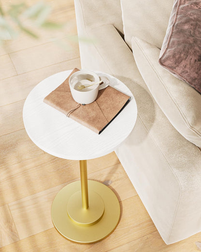 Masupu Drink Table, Round Side Table for Small Spaces, Pedestal Side Table, Small End Table with Metal Base, for Living Room, Bedroom, Bathroom, White Gold
