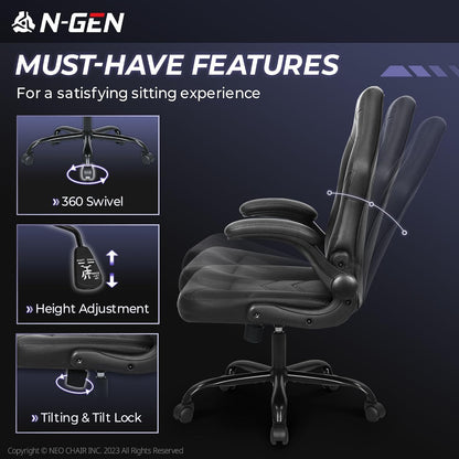 N-GEN Gaming Gaming Chair, Lumbar, PU Leather, Flip-Up Arms, Jet Black | Ergonomic High-Back Design, Adjustable Height with 360° Swivel Wheels, Comfortable Computer Desk Seating for Office and Home