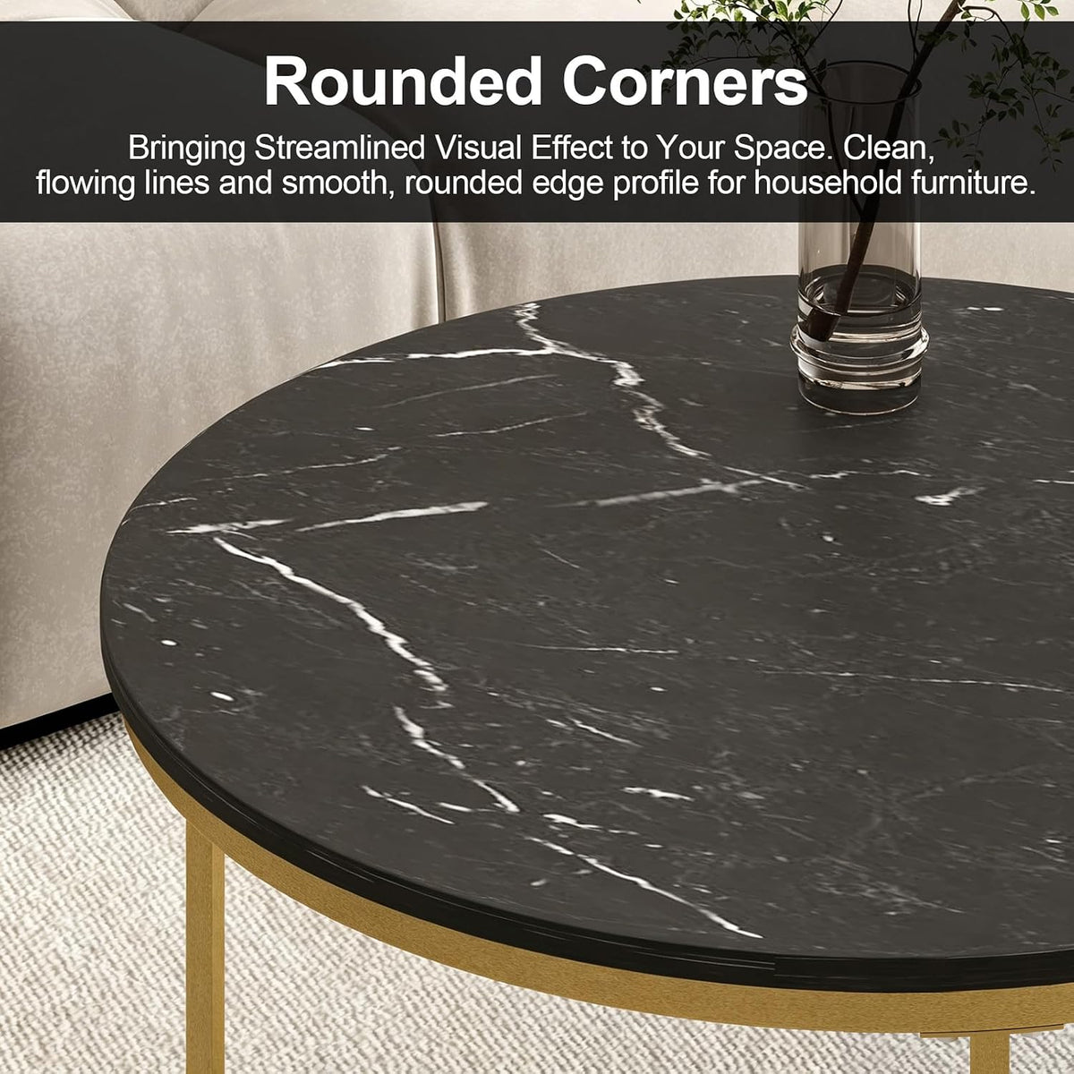Nesting Coffee Table Set of 2, Wooden Marble Top (Black+Gold) | Nesting Tables, Sturdy Metal Frame, 120 LBS Capacity, Fits for Living Room, Bedroom, Easy Assembly