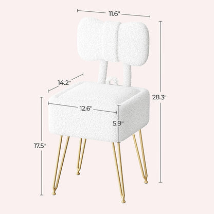 Small Vanity Chair with Storage, Vanity Stool with Folding Back, Chair for Vanity, Footrest Footstool Ottoman, Teddy Fleece Vanity Stool for Makeup, Bedroom, Living Room, White