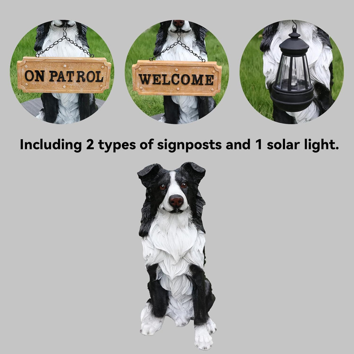 Border Collie Solar Welcome Statue, Hand-Painted Resin Sitting Dog Figurine with Lantern and Dual Wooden-Style Signs, Intelligent Guardian Sculpture for Garden and Porch Décor