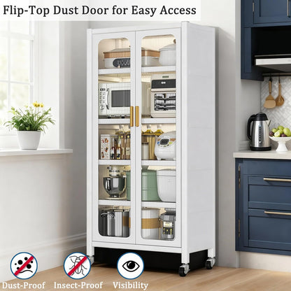 65" Kitchen Pantry Storage Cabinet 6 Tier Metal Display Storage Cabinet With Transparent Door Adjustable Shelves & Wheels Versatile Storage Food Upright Cabinets For Kitchen Dining Room White