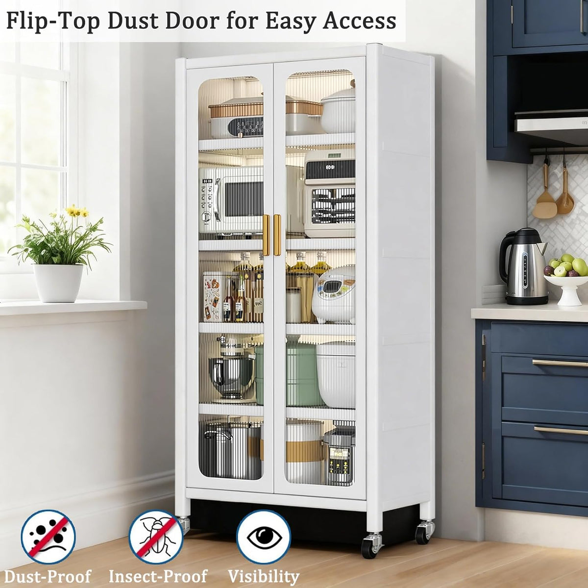 65" Metal Kitchen Cabinet with Transparent Doors, 6-Tier Rolling Pantry Cabinet on Wheels - Sturdy Adjustable Shelves, Mobile Storage Buffet Cabinet for Kitchen, Living Room, Dining Room(White)