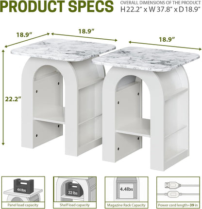 Small End Tables Living Room Set of 2 for Small Spaces,19" Marble Top Nightstand with RGB Strip, Side Table with Storage Shelf