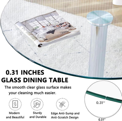 23.4" Round Glass Dining Table, Modern Circular, Sturdy Base and Perfect for 2-4 Seat, Bistro Style for Dining Room, Living Room, Balcony, Cafe