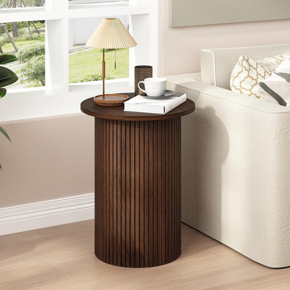 Wnutrees Round Fluted End Table, Small Accent Pedestal Side Table, Wood Fluted Nightstand Bedside Table for Living Room, Bedroom, Handcrafted Finish, Brown
