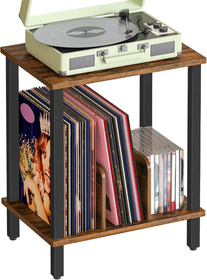 HOOBRO Small End Table, 2-Tier Record Player Stand Vinyl Record Turntable Stand with Storage up to 100 Albums, Small Side Table for Living Room, Bedroom Rustic Brown, FG05RS01
