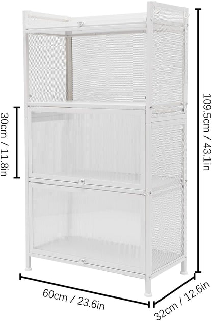 Kitchen Sideboard Pantry Cabinets with Hooks, 4 Tier Kitchen Organizer Shelf for Dishes, Wine, Pots and Pans with 4 Hooks, Modern Food Pantry Cabinets with Drawer for Kitchen Dining Living Room, White