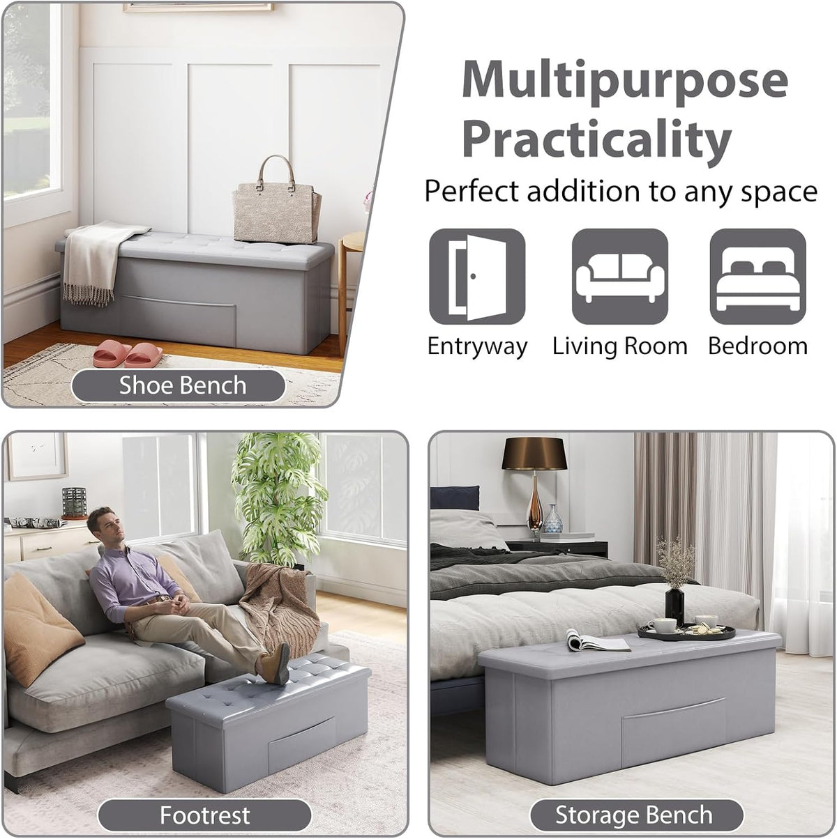 Giantex 43 Inches Folding Storage Ottoman Bench, Upholstered PU Leather Storage Chest with Side Pocket, Padded Seat, End of Bed Bench, Collapsible Ottoman Foot Rest for Living Room, Bedroom & Entryway