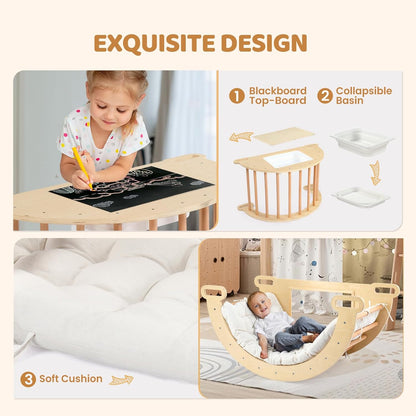 JOYMOR 5-in-1 Montessori Wooden Sensory Table with Collapsible Storage Basin & Blackboard, Multi-use Montessori Sensory Table Set for Kids and Toddlers with Arch Climber Rocker and Cushion