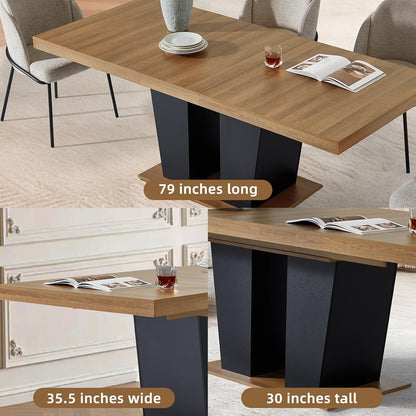 Dining Table Extendable 63 in-79 in for 4-8 Expandable Wood Rectangle with Fluted Base for Dining Room Kitchen Living Room Furniture Brown