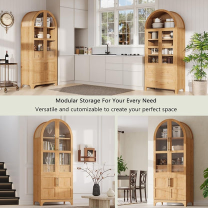 71 Inch Arched Kitchen Pantry Cabinet with Glass Doors and Hidden Drawer, Farmhouse Storage Four Door Cupboard with Internal Door Shelves, Adjustable Shelving and Anti-Tip Kit (Natural)