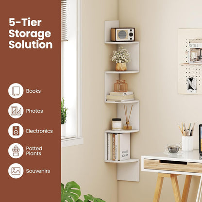 GIANTEX Corner Shelf Wall Mounted Set of 2, 5-Tier Floating Corner Bookshelf, Home Storage Organizer, Wooden Display Stand Rack for Wall, Plant Shelf for Living Room, Bedroom, Kitchen, White