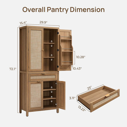 SICOTAS 72 inch Pantry Cabinet with Drawer & 4 Doors, Rattan Buffet Cabinet | Farmhouse Boho Freestanding Cupboard Pantry, Tall Storage Cabinet with Storage for Living Room, Dining Room