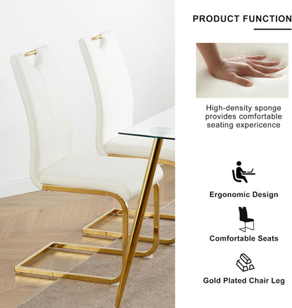 yeag Modern Rectangular Glass Dining Table Set for 4, 47" Clear Tempered Glass Kitchen Table with Gold Metal Legs & 4 White PU Faux Leather Upholstered Dining Chairs for Home, Dining Room, Office