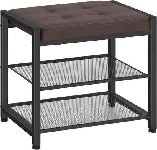 HOOBRO Small Shoe Bench, 3-Tier Shoe Rack, Shoe Storage Bench with PU Seat Cushion, Entryway Shoe Rack Bench with Metal Mesh Shelves, Freestanding Shoe Organizer for Hallway, Brown CB33HX01