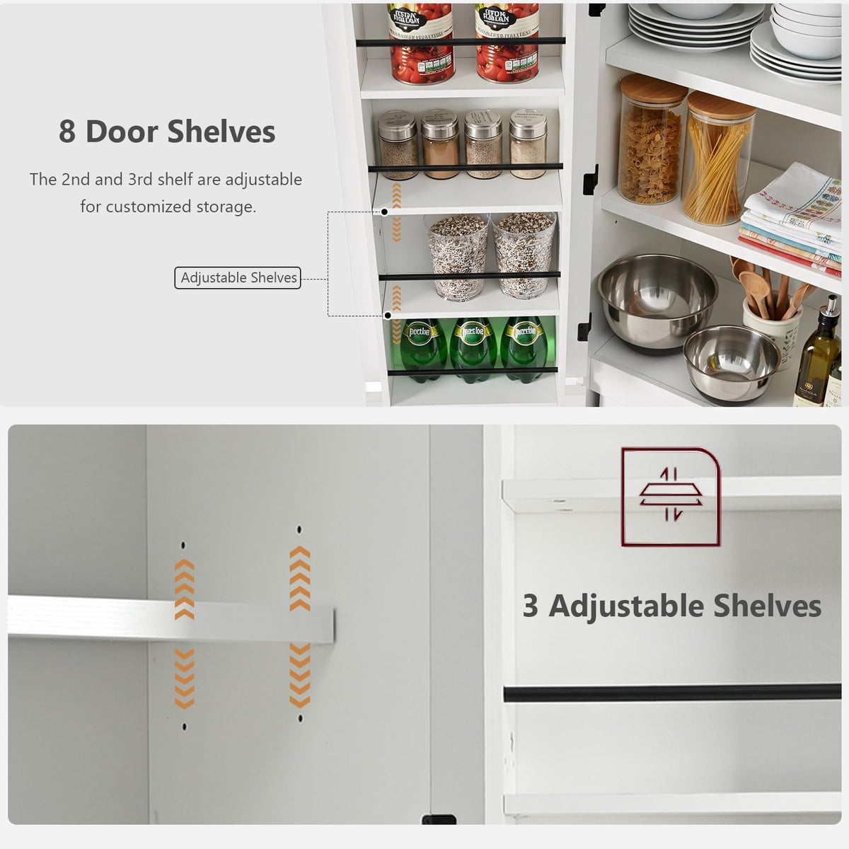 72" Tall Farmhouse Pantry Cabinet with Curved Design - Kitchen Storage Cabinet with 8 Door Shelves, 3 Adjustable Shelves & 1 Hidden Drawer, Versatile for Kitchen & Dining Room, White