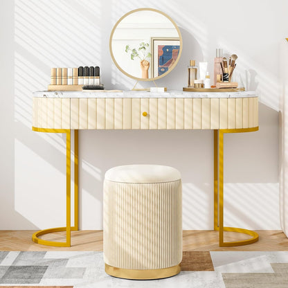 GIANTEX Ottoman with Storage, 1 Large & 1 Small Nesting Ottoman Side Table | Set of 2 Storage Ottomans, Upholstered Velvet/Linen Round Foot Rest Vanity Stool for Bedroom Living Room, Beige & Golden