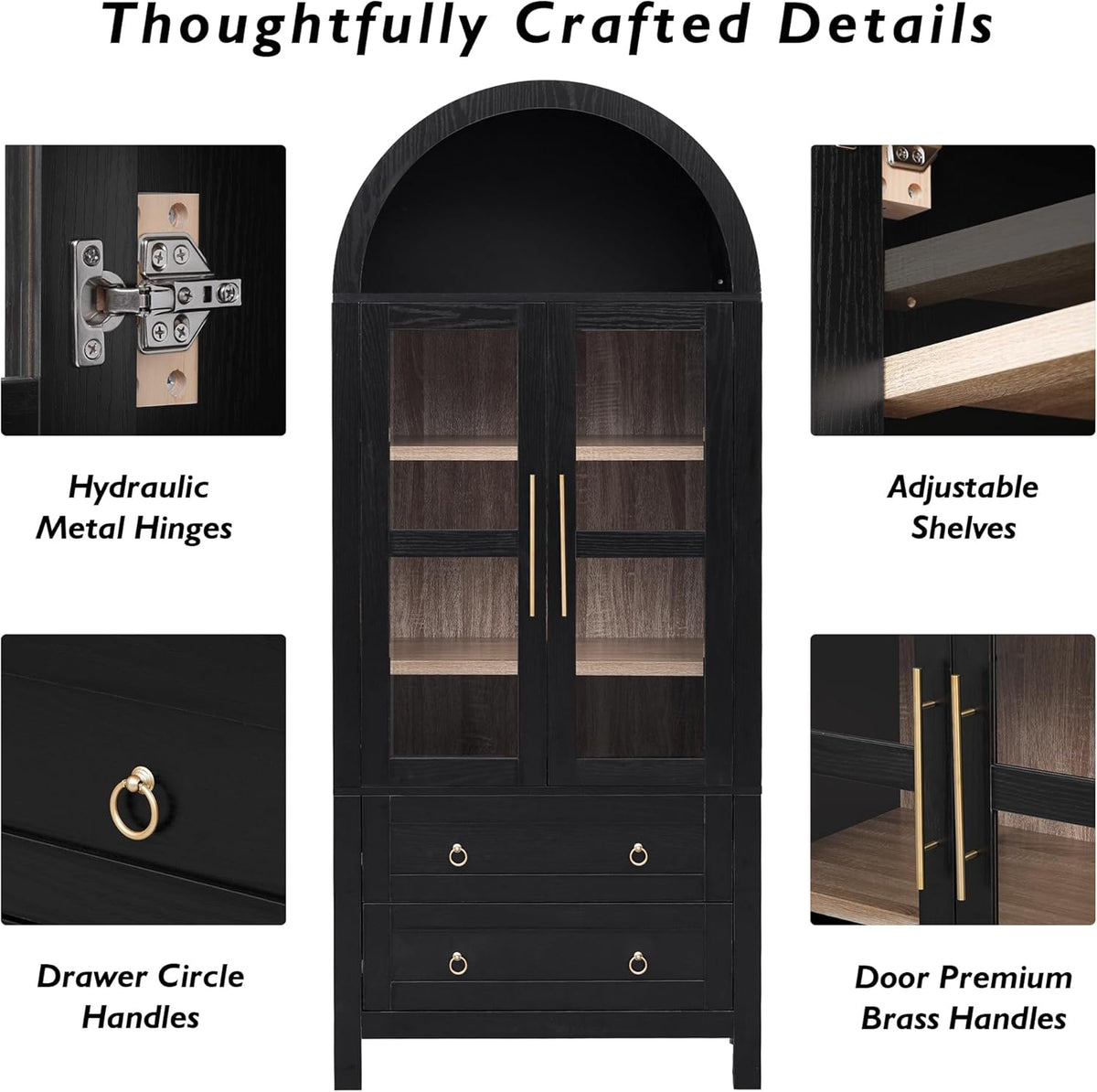 71" Tall Arched Kitchen Pantry Cabinet with 2 Drawers & Glass Doors, Modern Farmhouse Freestanding Storage Cabinet with Adjustable Shelves for Kitchen, Dining Room, Home Organizer(Black)