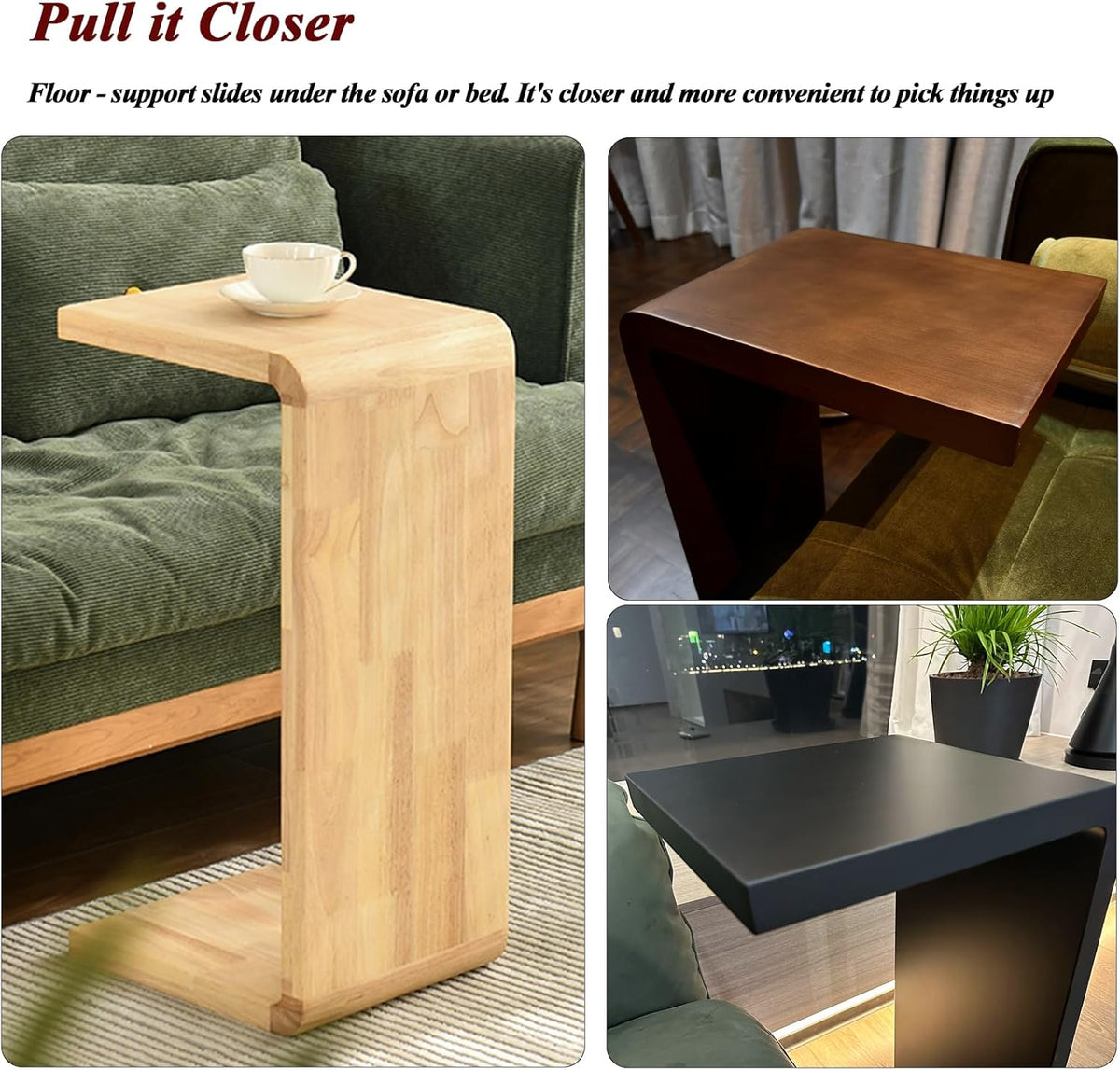 C-Shaped Side Table, Solid Wood End Table for Couch Sofa and Bed, Wooden C Tables for Living Room Bedroom, Small Snack Tray Table for Space Saving (2, 24.4" H-Brown)