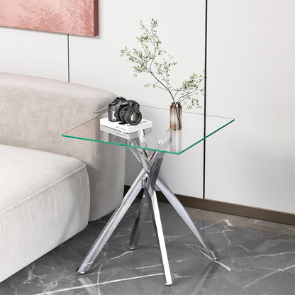 Modern Square End Table with Glass Top, Glass End Side Table for Living Room Office, 17.72 x 17.72 x 20.87 inches, Silver Metal X-Base, Adjustable Feet (1, Silver)