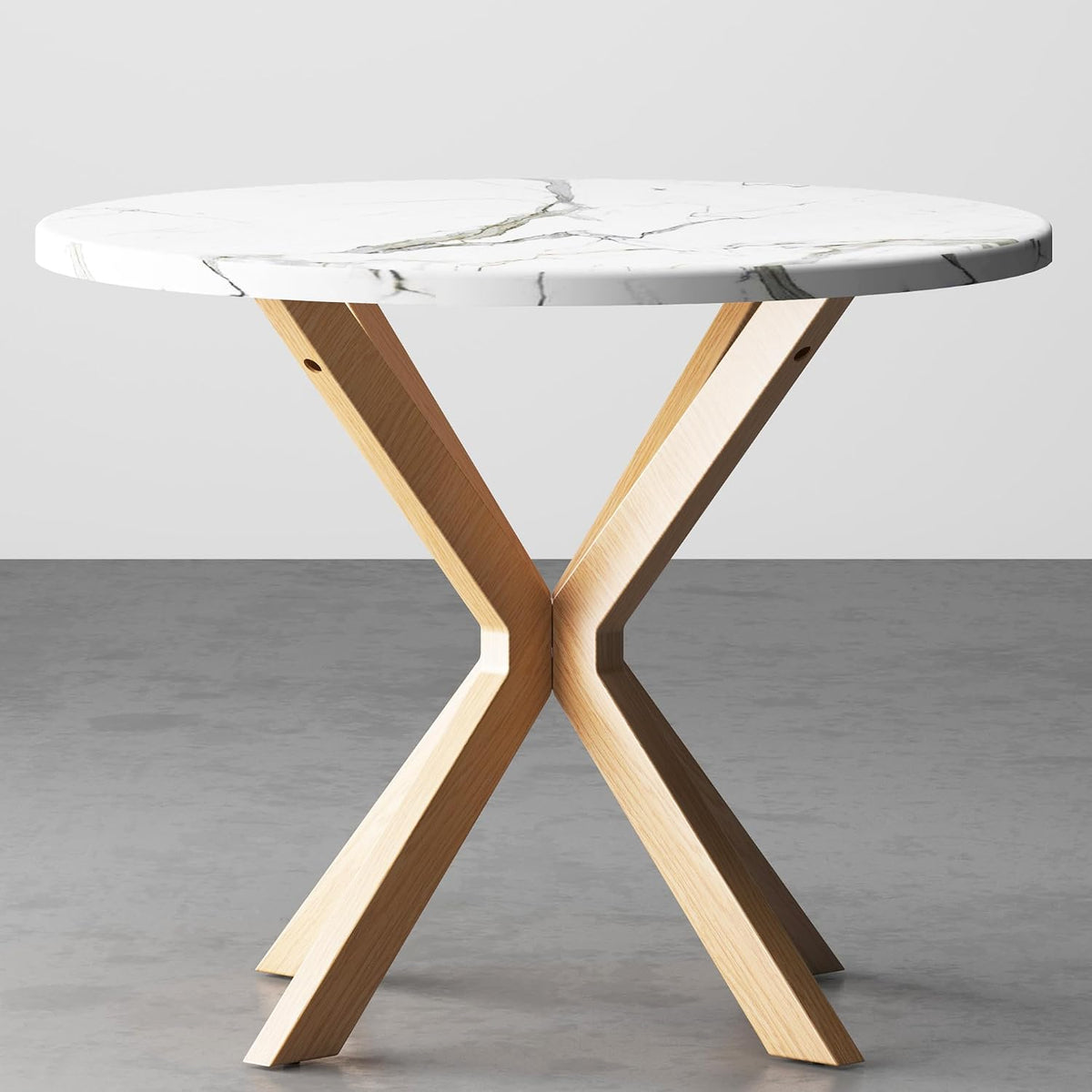 DlandHome Round Dining Table for 4, 39.4 Inches Kitchen Table with X Shaped Wooden Pedestal Base, Circle Dinner Tables for Dining Room, Kitchen, Living Room(Table Only), Marble & Oak Color