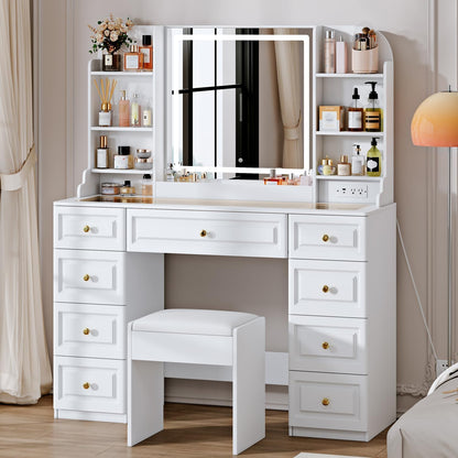Arulvmrn 43" Makeup Vanity Desk with Mirror and Lights, & Power Outl, Glass Top Big Vanity Table with 9 Drawers& 8 Storage Shelves, Dressing Table Set with Chair for Bedroom, White