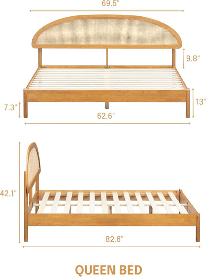 NTC Gem Wooden Bed Frame with Headboard and Natural Rattan, Solid Oak/Rubber Wood Foundation with Silent Slats, 1000 Lb Capacity, Effortless Assembly (Natural Cane - Rustic Oak, Queen)