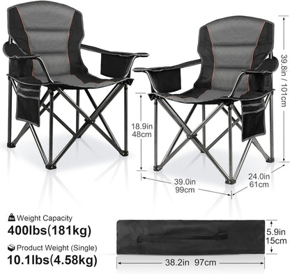 2 Pack Padded Oversized Camping Chairs for Adults,Heavy Duty Support 400 Lbs,Folding Portable Lawn Chair w/Cup Holder,Cooler Bag,Side Pocket,Perfect for Outdoor Picnic,Hiking(Black)