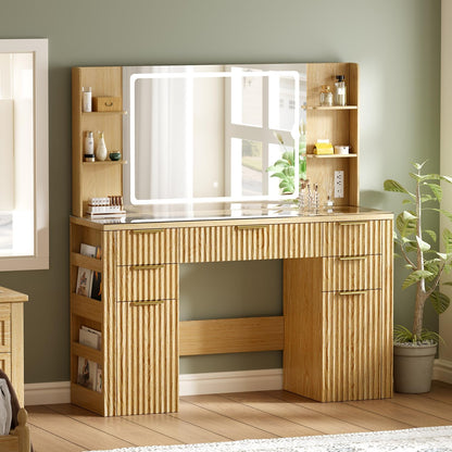 47.2" Fluted Makeup Vanity Desk with Large, 28.7" Mirror and Lights, 5 Drawer Vanity with Power Strip, 6 Open Shelves, 2 Cabinet, Modern Bedroom Vanity Featuring Visual Transparent Glass