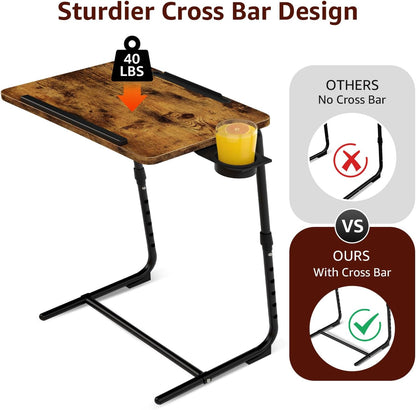 TV Trays Set of 4 - Folding TV Tray Adjustable Dinner Trays for Eating On Couch Wooden Tables Mate Stand Foldable Rustic Desk with Cup Holder Portable