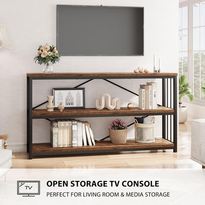 LVB Industrial Console Entryway Table, Metal Wood Rustic Brown, 55 in | Farmhouse 3 Tier Shelf Long Hallway Foyer Entry Tables Behind Couch, Sofa Table for Home Living Room Entryway